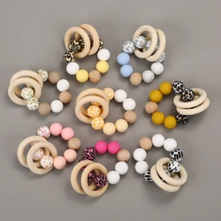 1Pcs Baby Leopard Print Silicone Round Bead Bracelet Beech Wood Teething Round Ring For Baby Nursing Teether Rattle Toy BPA Free