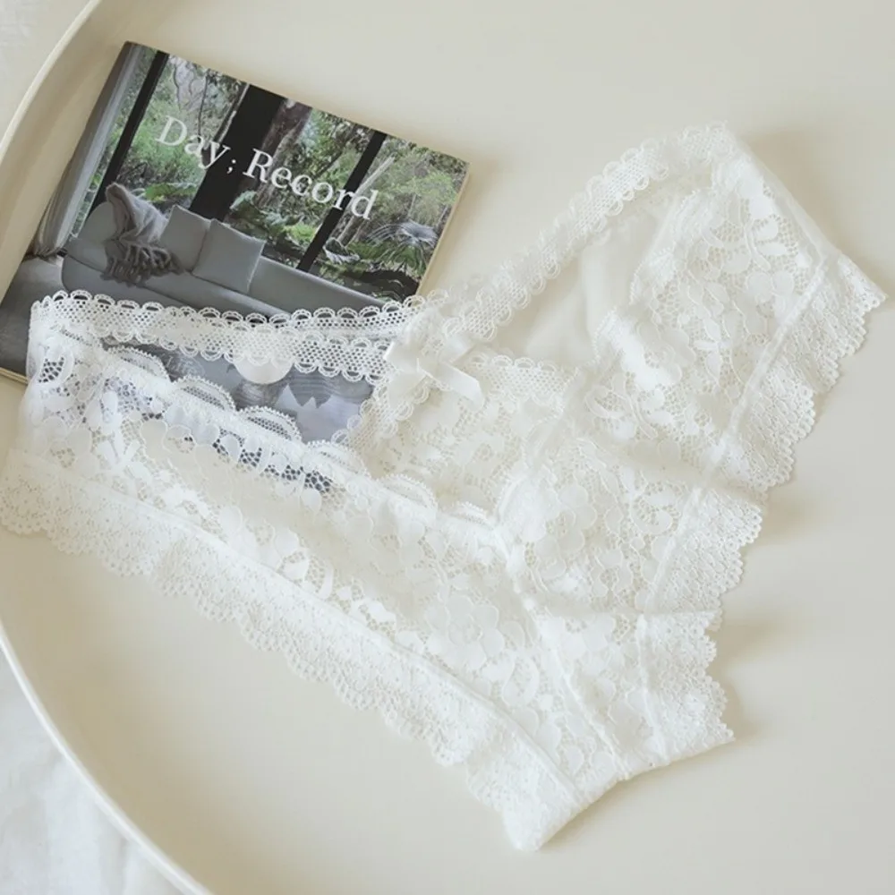 

Patchwork Bow Lace Flower Panties Low Waist Transparent Lace Mesh Briefs Hollow Women Underwear Girl