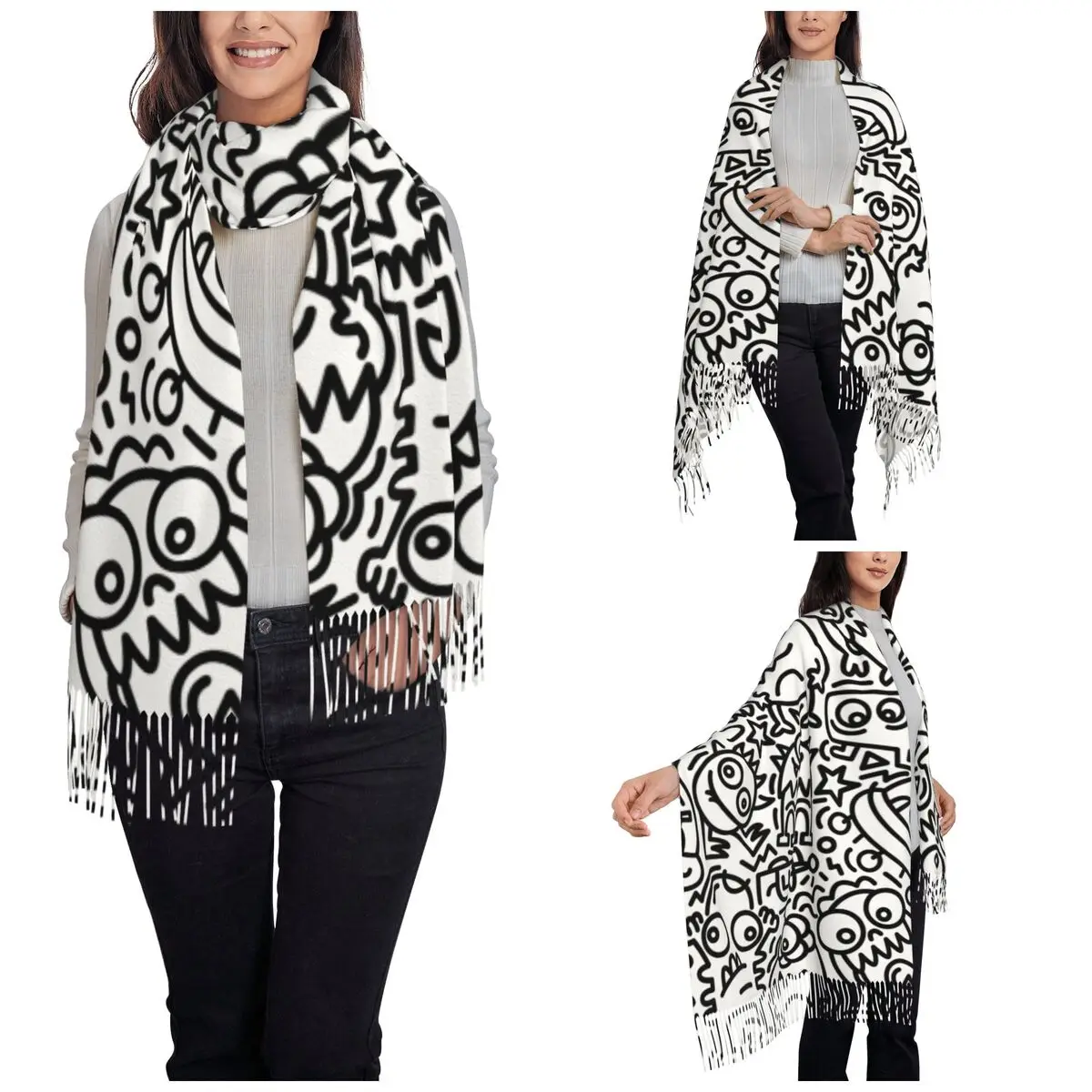 Modern Alien Doodle Pattern Shawl Wrap for Womens Winter Large Soft Scarf Neckerchief Shawl Scarves