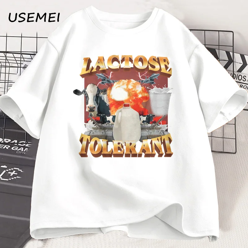 Lactose Tolerant Vintage Graphic T-Shirt for Women Men Retro Milk 90s Funny T Shirts Y2k Clothes Unisex Baggy Tees Streetwear