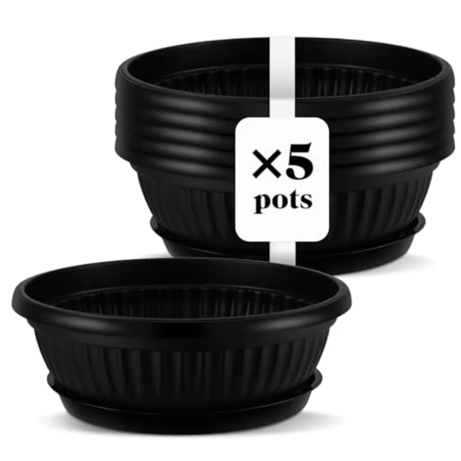 

5 Sets Plant Pots 13 Inches Jumbo Plastic Flowers Garden Bowl Planter with Plant Saucers Large Black Wide Shallow Plant Pots wi