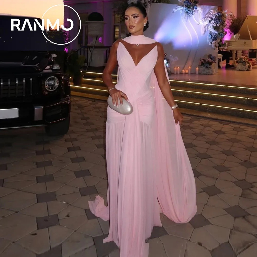 

Ranmo Индивидуальные розовые шифоновые длинные вечерние платья с шарфом, плиссированные с v-образным вырезом, арабское вечернее платье в Дубае, свадебные платья для гостей