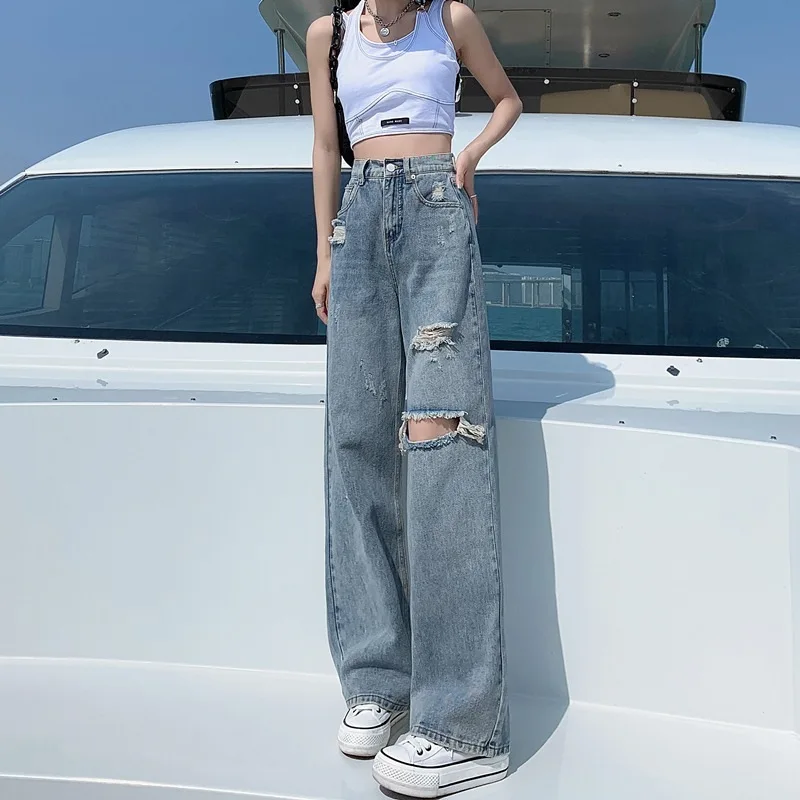 Ripped Jeans for Women Summer2022New Thin High Waist Loose and Slimming Straight Design Wide-Leg Pants