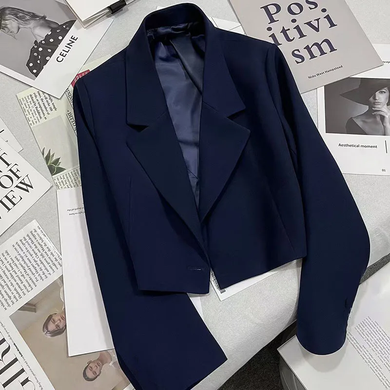 Korean Style Cropped Blazers for Women Fashion Single Button Black Small Suit Jacket New All-Match Notched Collar Blazer Coat