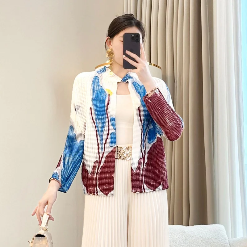 

Miyake Korean Classic Printed Cardigan Top Summer New Loose Casual Pleated Shirts for Women 2025 New Sunscreen Clothing