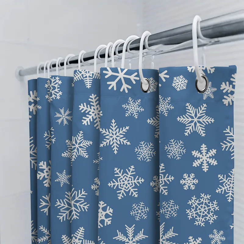 ستارة دش ندفة الثلج باللون الأزرق والأبيض مقاومة للماء، غطاء حوض استحمام غير قابل للانزلاق لديكور المنزل، قماش قابل للغسل مع مجموعة حلقات خطافية (89 × 7