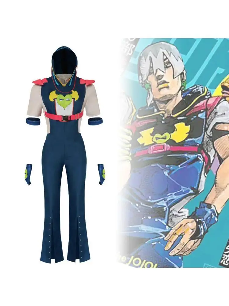 Unisex Abenteurer Street Dunkelblauer Overall Cosplay-Set mit Grauem T-Shirt Anime-Stil Halloween Bühnenkostüm