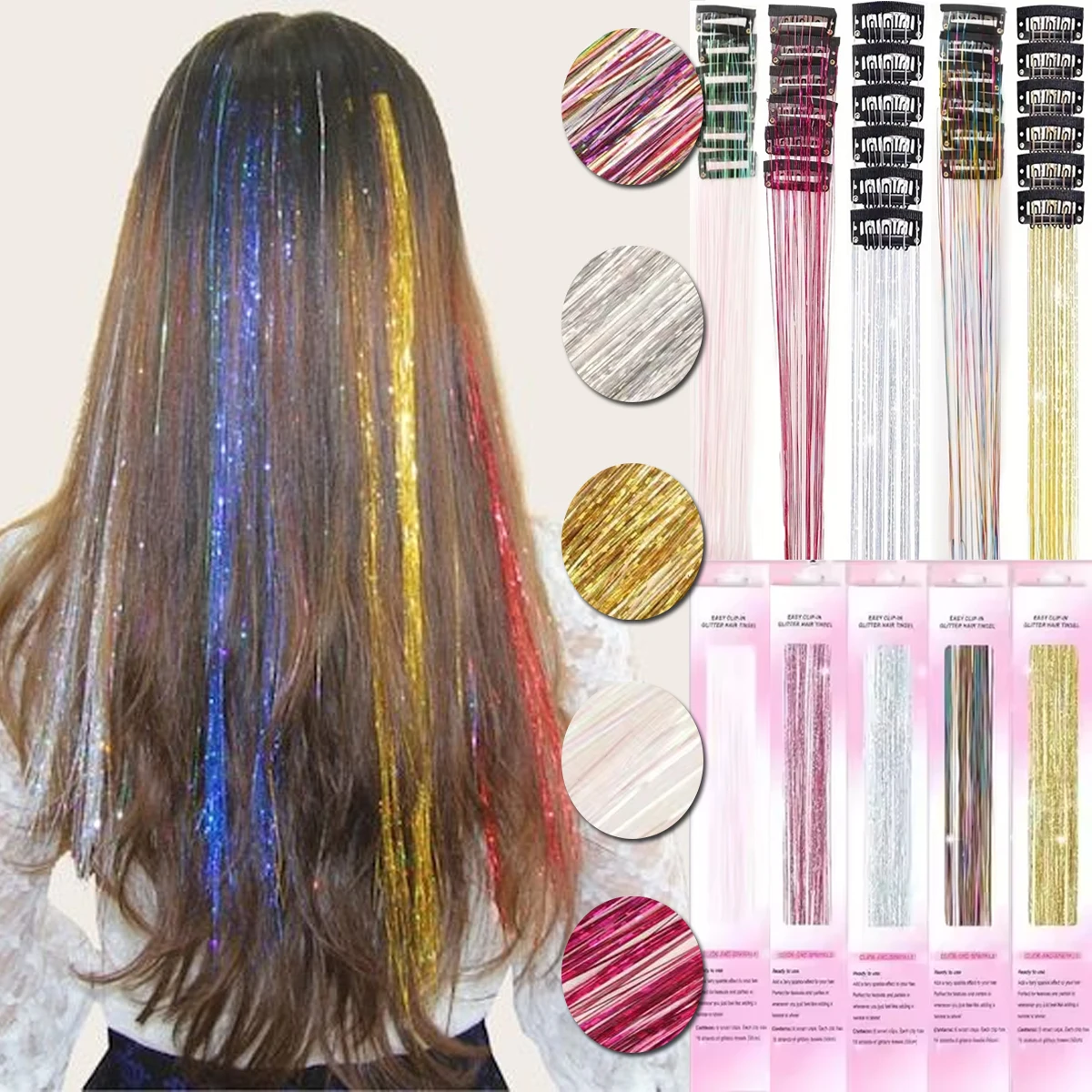 

12Pcs Sparkling Hair Tinsel Extensions Clips 18inch Glitter Strands Heat Resistant Shiny Fairy Hair Accessories for Women