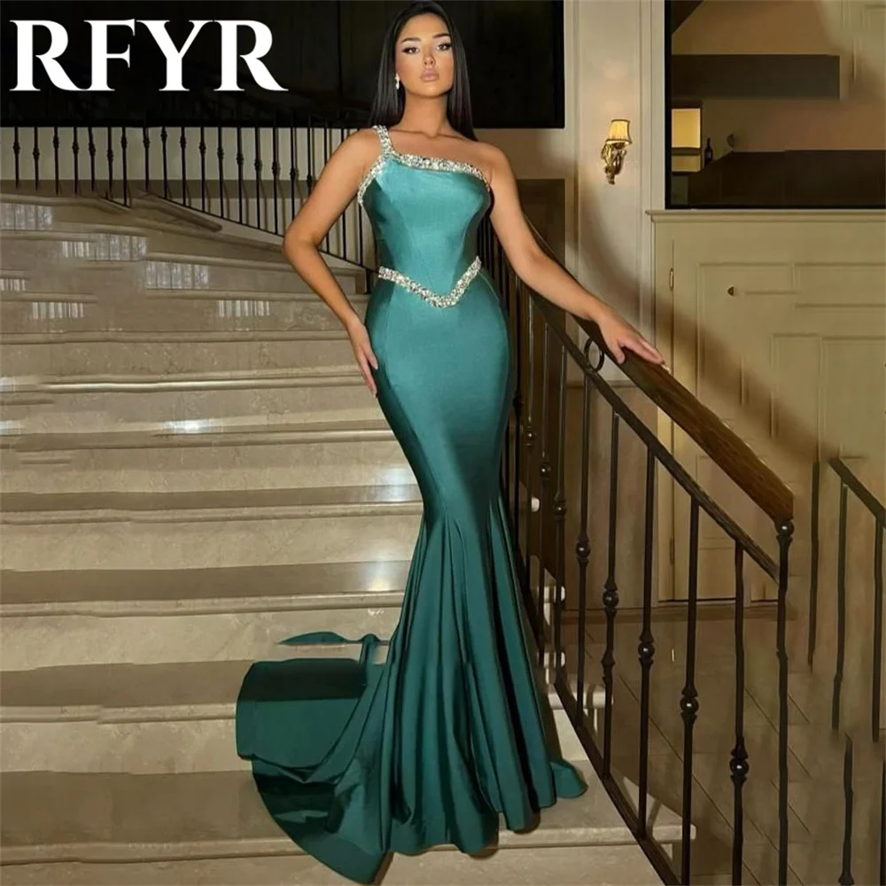 

RFYR Green Evening Dress for Party Satin One Shoulder Sleeveless Pleats Trumpet Prom Gowns Sequins Celebrity Dresses Customized