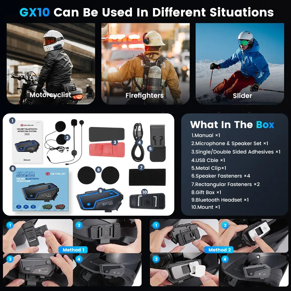 GEARELEC GX10 Motorcycle Intercom Helmet Bluetooth Headset 10 Riders 2km MOTO Communicator Interphone FM Music Sharing PK B4FM-X