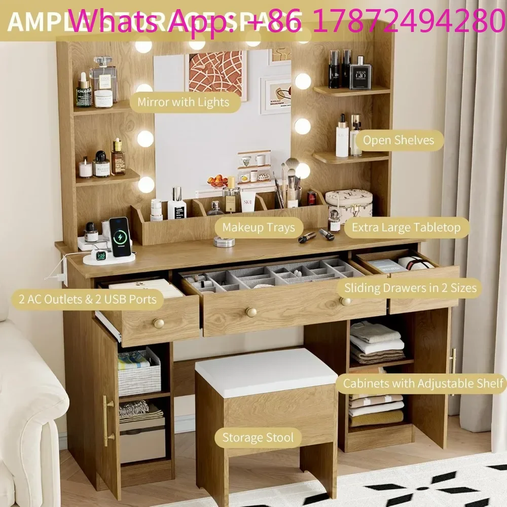 

Vanity Desk with Mirror and Lights, 43'' Oak Makeup Dressing Table Set with 5 Drawers & Chair