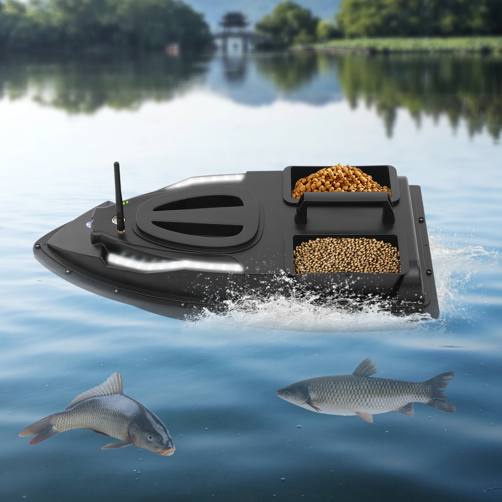 Double Bait Hooper Bait Boat Fishing Bait Boat w/ Battery & 500m Remote Control for Pool Lake 1.5kg Loading Capacity