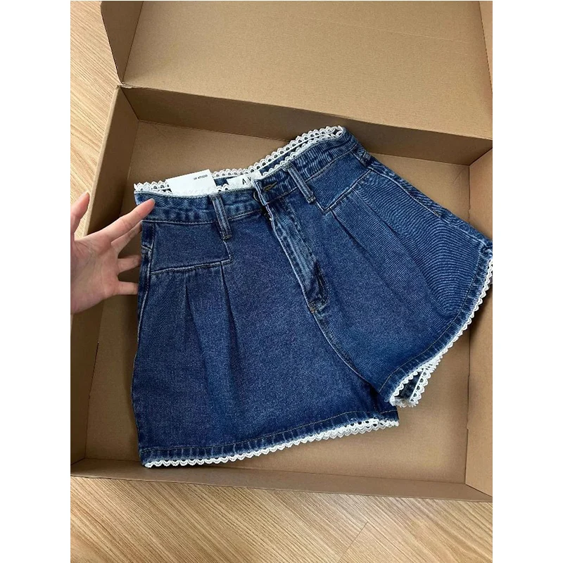 2025年夏の新トレンド、セクシーなレースパッチワークハイウエストワイドレッグパンツ、女性用オールマッチファッショナブルなボタンジッパージーンズ