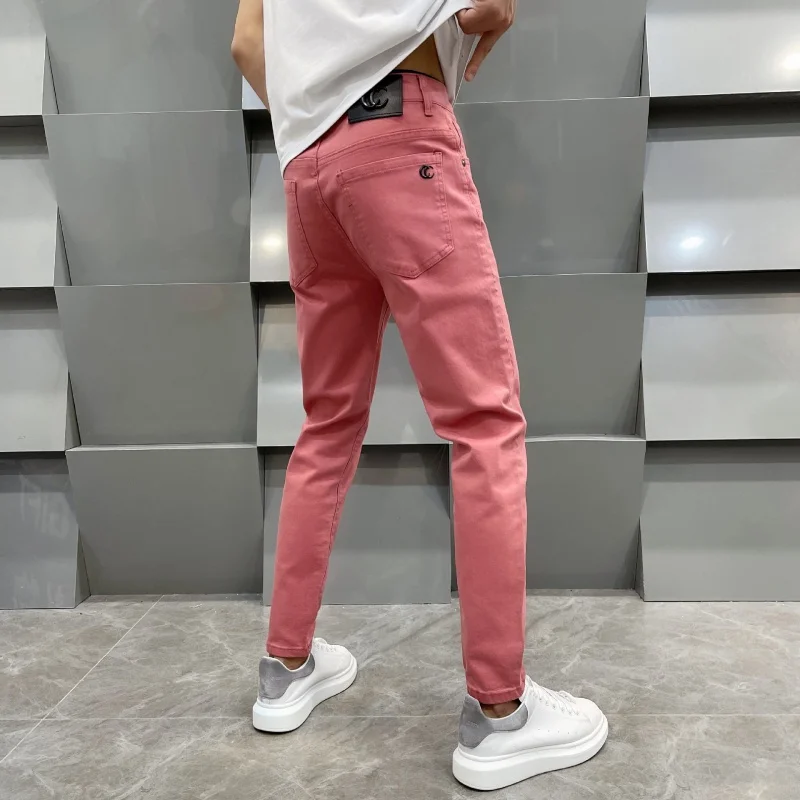 White jeans men's summer thin light luxury fashionable all-match stretch slim fit skinny tight pants men's solid color pants