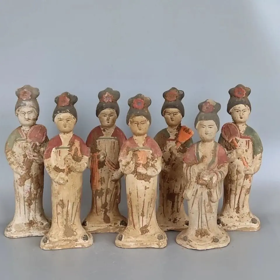 Set of 7 Tang Dynasty Painted Terracotta Lady Figurines Chinese Antique Group Pottery Statue Vintage Decor Ornament