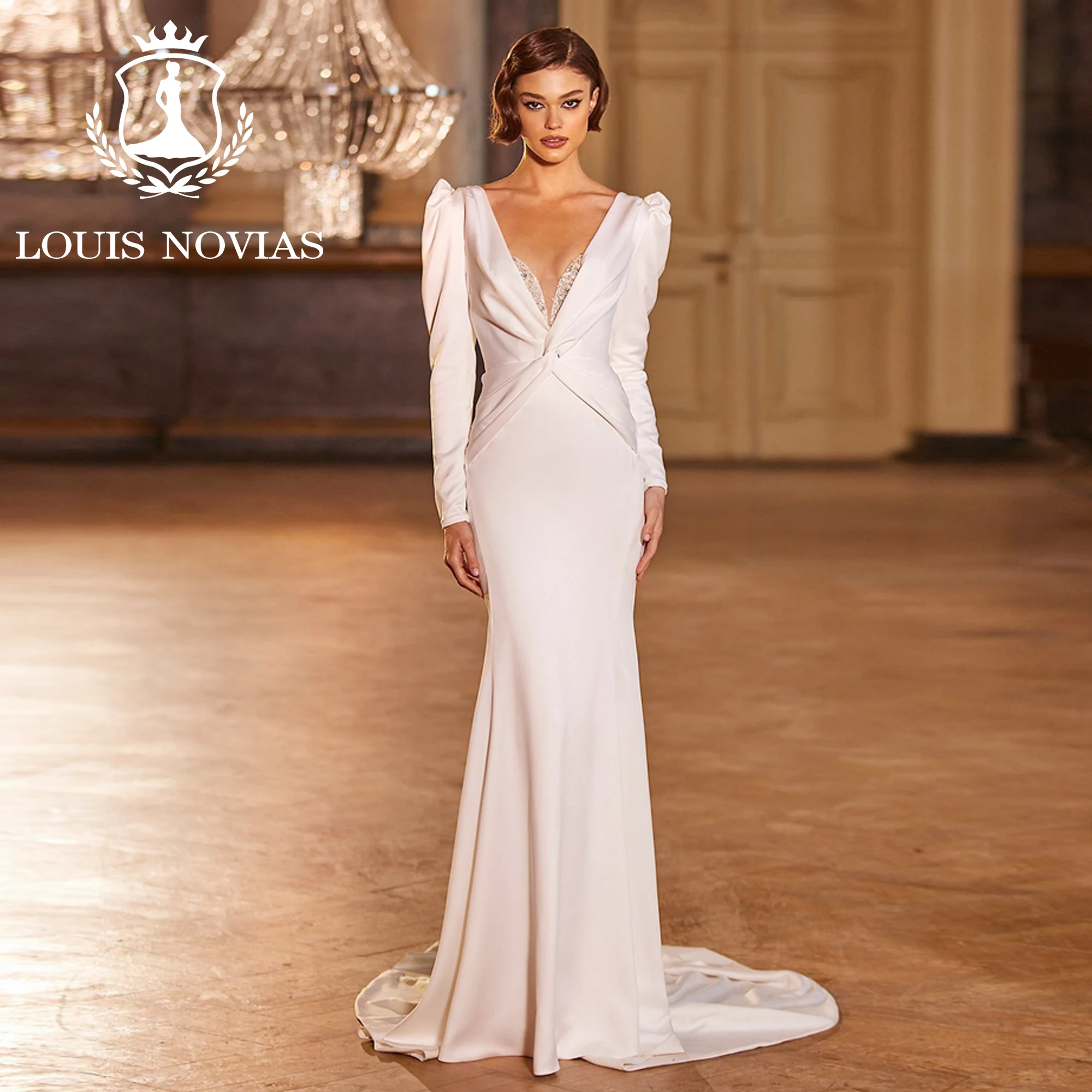 LOUIS NOVIAS Luxury Mermaid Long Sleeve Wedding Dress Sexy Halter Invisible Neckline Beading Slim Wedding Gown Vestidos De Novia