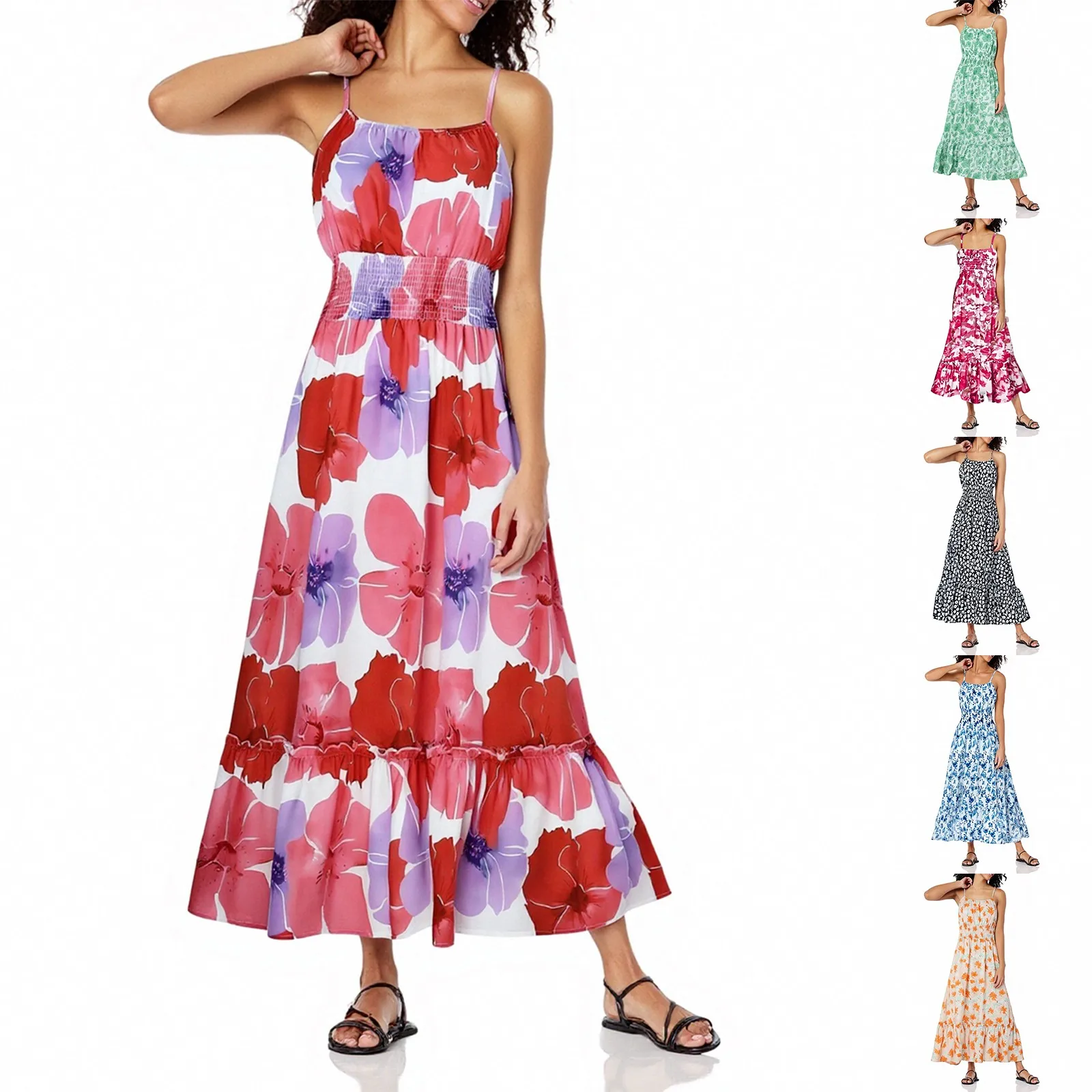 Abito lungo estivo da donna senza maniche con cinturino floreale per spaghetti smock Boho Beach Abito lungo da spiaggia per abiti da vacanza Nuovo