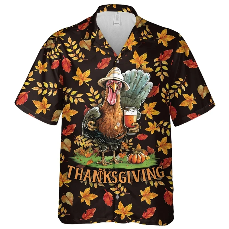 Happy Thanksgiving 3D Print Shirts For Men Casual Food Turkey Graphic Beach Shirt Funny Animal Chicken Short Sleeve Blouses Tops