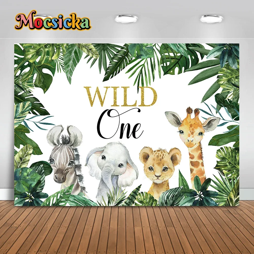 Safari Ainmal Birthday Backdrop Baby Boy's Wild One Birthday Baby Shower Party Decoration Grey Wood With Green Leaves Background