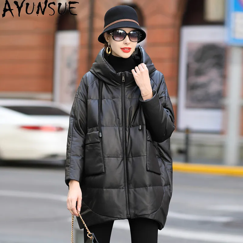 

AYUNSUE Genuine Leather Jacket Women Real Sheepskin Coat Hooded Down Coats Winter 2023 Casual Loose Parkas Chaqueta Puffer Mujer