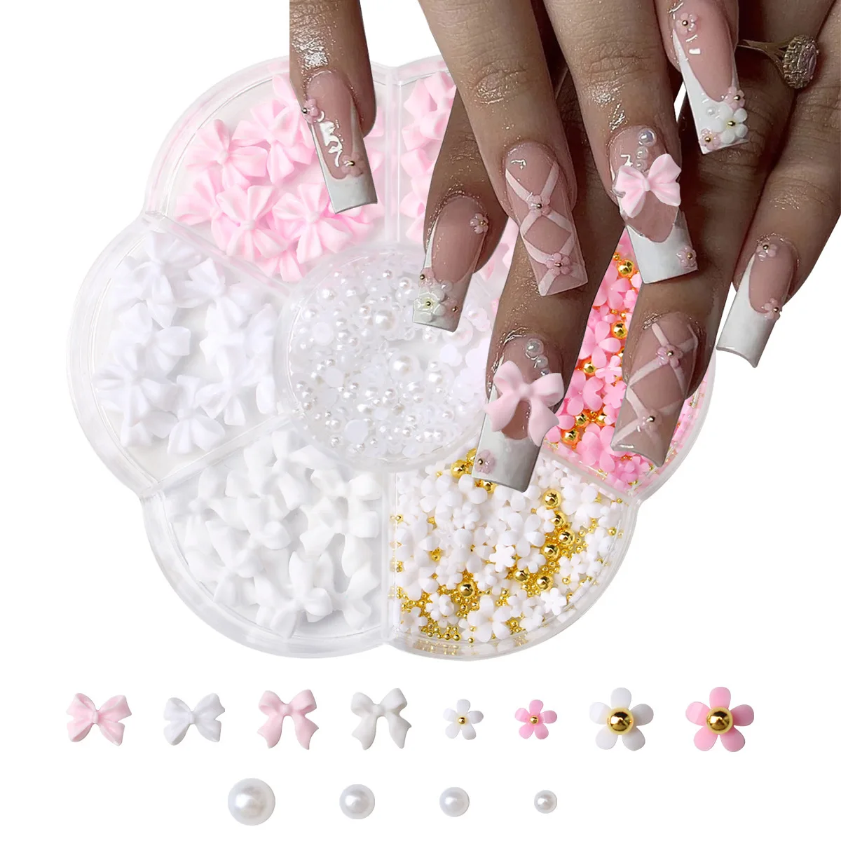 1 ボックス 3D フラワーリボンネイルアートデコレーションキットピンク/ホワイトアクリル花/パールビーズネイルチャームワックスペン/ピンセット 4/6 ミリメートルネイルパーツ