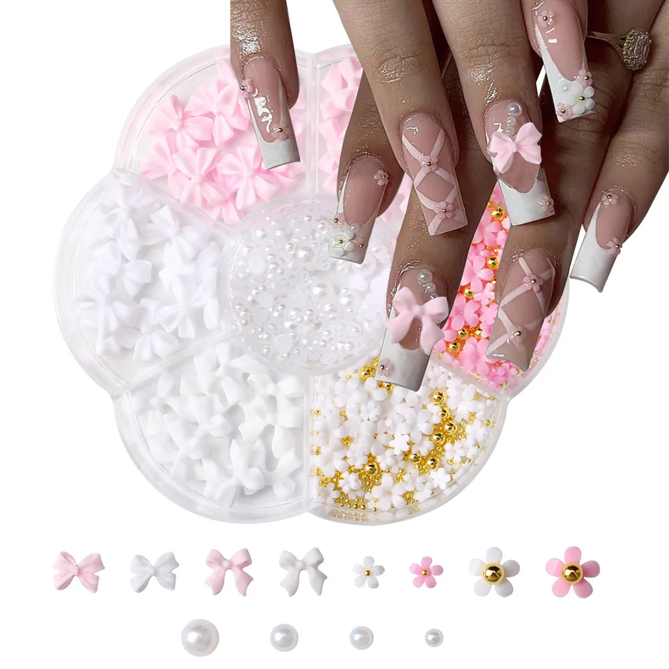 1 Caja Decoración de Uñas 3D Flores y Lazos, Kit Rosa/Blanco Acrílico con Cuentas de Perla, con Cera y Pinzas, 4/6mm 2