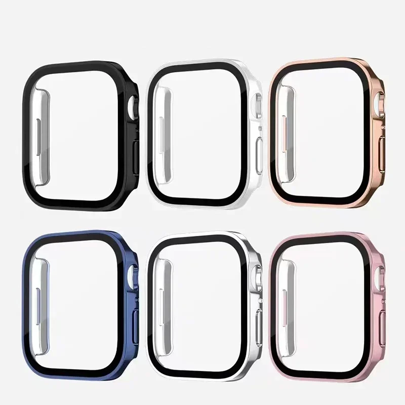 Electroplating Waterproof Case+Glass For Apple Watch 9 40mm 41mm 44mm 45mm Screen Protector Glass Bumper iWatch 9 8 7 SE 6 5 4