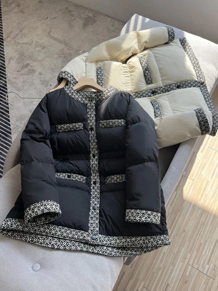 Small Fragrance Women's Down Jacket Warm Mid-length Parkas Fashion Elegant O-neck 90% White Duck Down Female Winter Coat