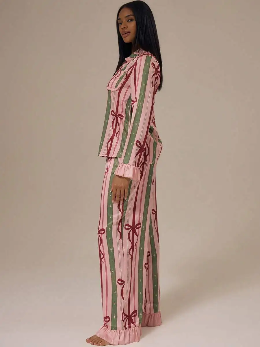 Frill Hem Bow Print Long Sleeve Collared Satin Pajama Set Elastic Waist Lounge Wear