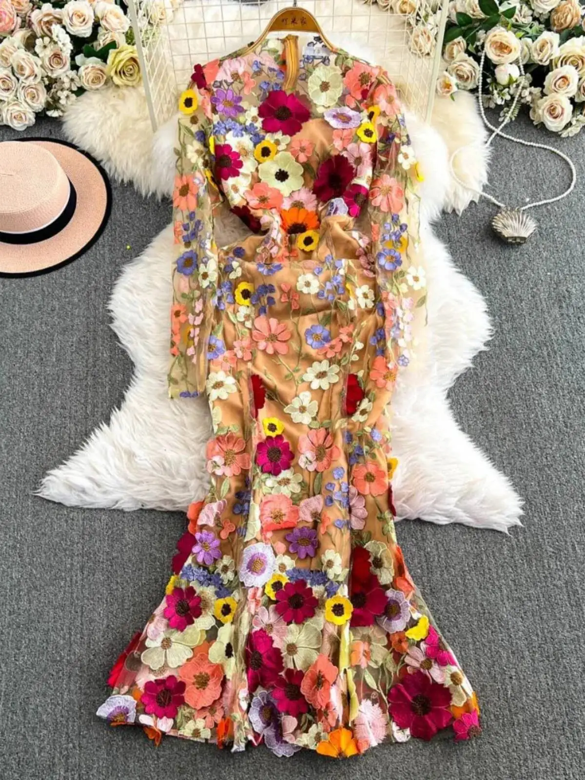Quality Summer Autumn Fashion Flower Embroidery Lace Prom Wedding Dress Women Tulle Long Sleeve Mermaid Fishtail Dresses Party