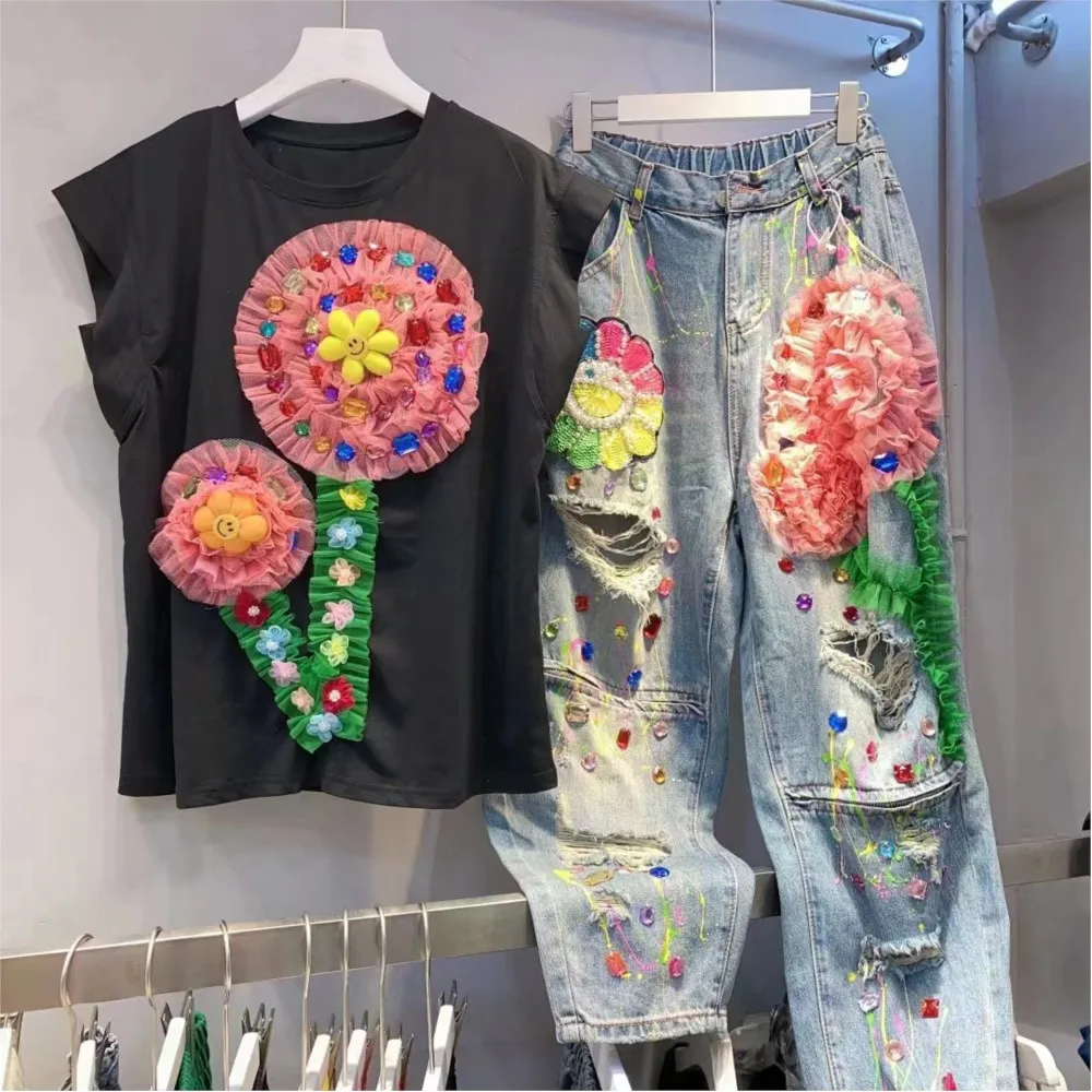 New bead hole jeans for women's high waisted loose straight leg pantsThree-dimensional flower