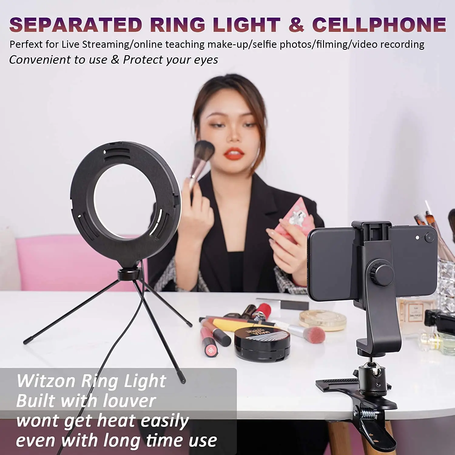 Mastten Vòng Ánh Sáng Cho Điện Thoại Laptop, 6 "Vòng Kẹp Núi, hội Nghị Video Chiếu Sáng Với Bluetooth Từ Xa/Điện Thoại/Chân Máy