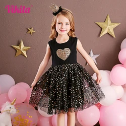 VIKITA Girls Summer Dress Kids Sleeveless Black Dresses Kids Heart Sequined Appliqued Performance Birthday Party Prom Gown Dress