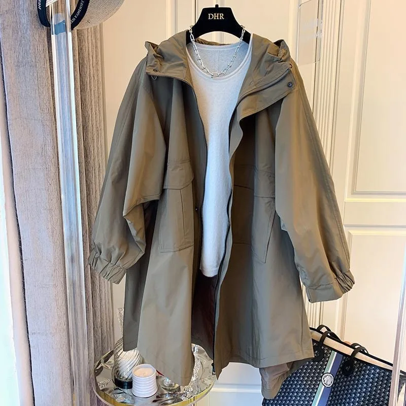 Autumn new hooded trench coat casual cocoon double pocket patchwork hooded mid length trench coat