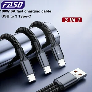 FASO 3 In 1 USB-A hingga 3 Type Tipe-C 100W 6A Kabel Data Pengisian Cepat untuk Samsung Galacy S24 Xiaomi Redmi Huawei Transfer Data USB C 12 penjualan terbaik tipe c ke usb a - №