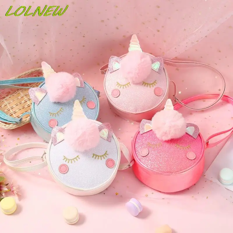 Cute Rainbow 3D  Unicorn Plush Shoulder Bag Girls Crossbody Purse Wallet Handbag Zipper Round Coin Purse Bag