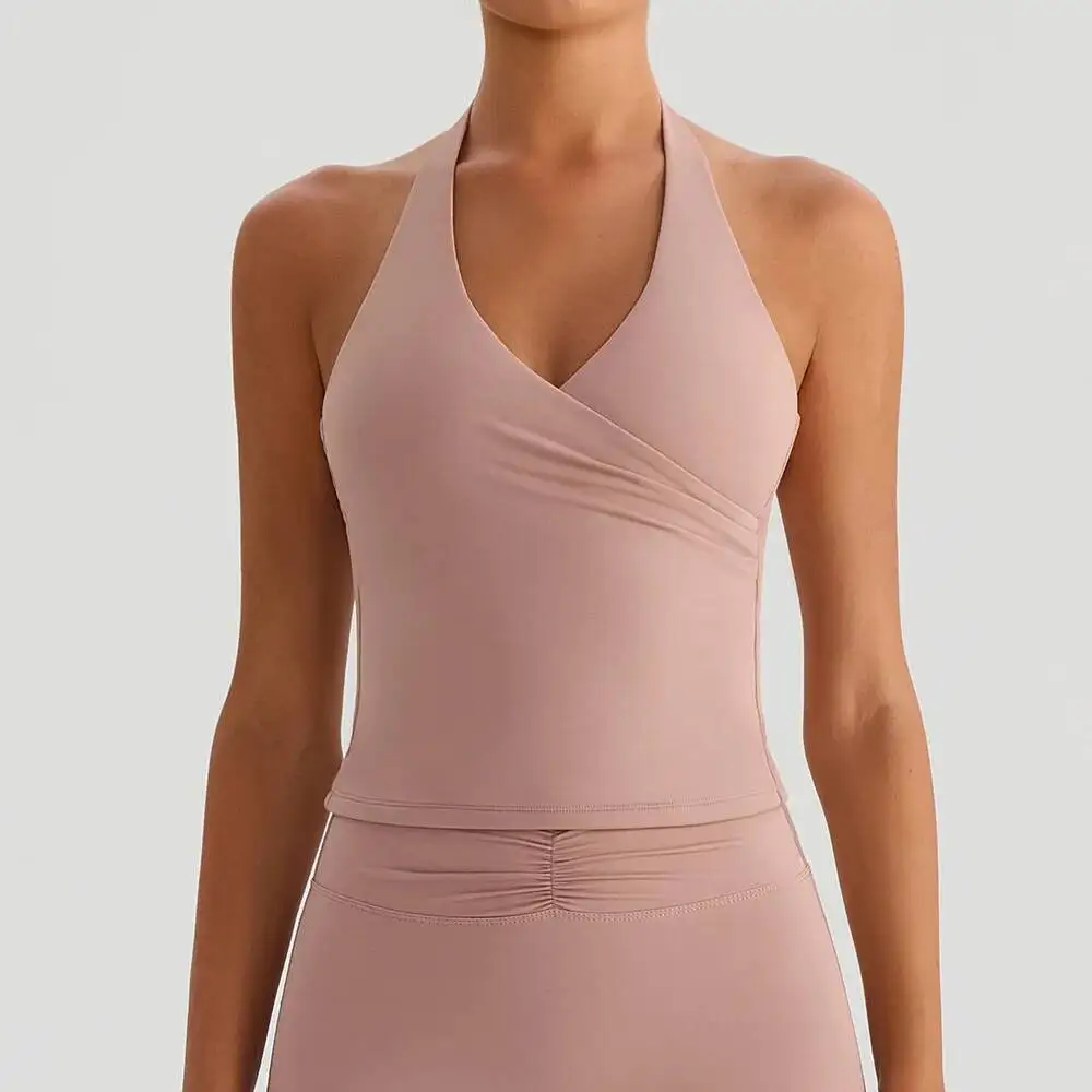 Top damski bez pleców z dekoltem w serek, wiązany na szyi, do jogi, z wkładkami push-up, bezszwowy, wyszczuplający, bez pleców, kamizelka do noszenia na zewnątrz.