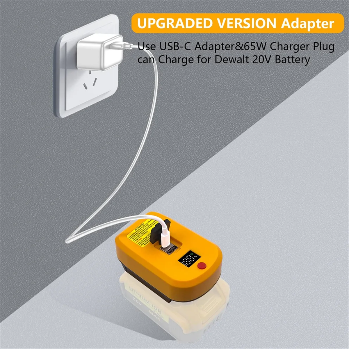 Caricabatterie USB C per batteria DeWalt 20V, 2 porte con caricabatterie rapido USB-C e USB-A,65W adattatore di alimentazione PD 3.0 alimentatore USB