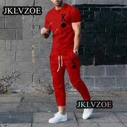 Summer Sportwear Suit Solid Color Short Sleeve T Shirt Long Pants Sets Men Tracksuit K Print Casual Streetwear Oversized Clothes