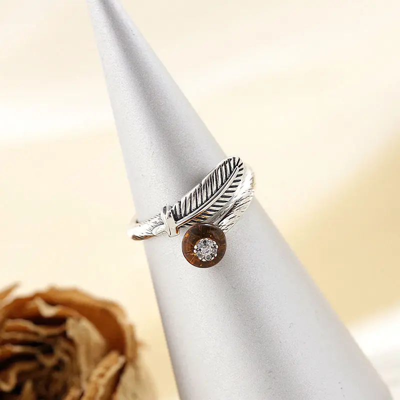 

Handmade Inlaid Natural Amber Rings Women Fashion Jewelry Gifts Retro Feather Opening Adjustable Size 925 Sterling Silver Ring