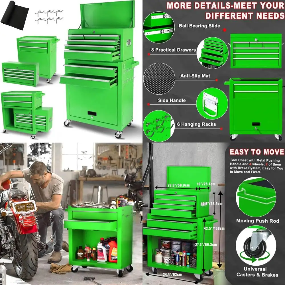 

Сверхмощный ящик для инструментов с 8 ящиками и съемной запирающейся металлической верхней коробкой, органайзер для хранения для мастерской и гаража