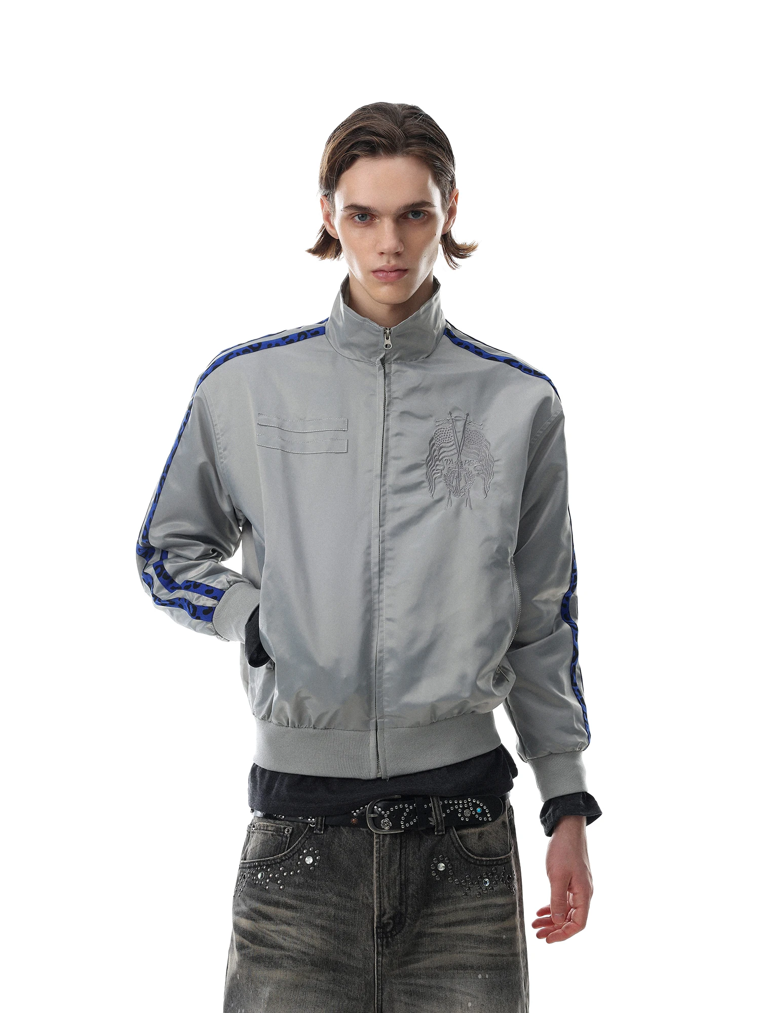 American Retro Contrast Color Zipper Jacket Men's Lightweight Embroidered Stand Collar Outerwear Trendy Grey Patchwork