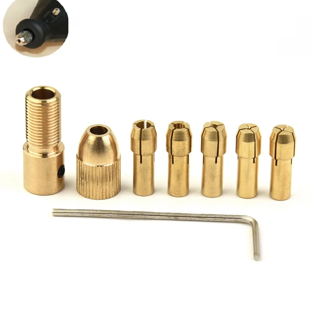 

7pcs/Set Brass Drill Chuck Adapter 0.5 /1.0/ 1.5/ 2.5/ 3.0mm Drill Chucks Electric Grinder Cap Copper Drill Folder Mini Tools