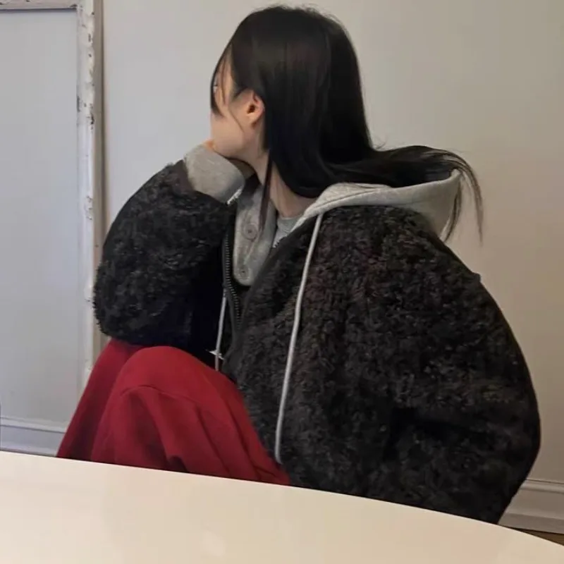 

Ladies' Chic Hooded Removable Lamb Fur Jaet Cotton Outerwear Loose Zipper Coat Warmth Large Size Commute Sle Long Sve