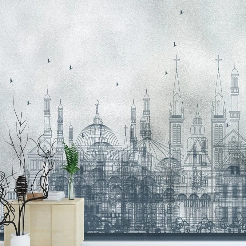 Custom Wallpaper Retro Mural Nordic Style Lines Abstract City Building Hand-painted Background Wall Decor Hanging Painting 3D