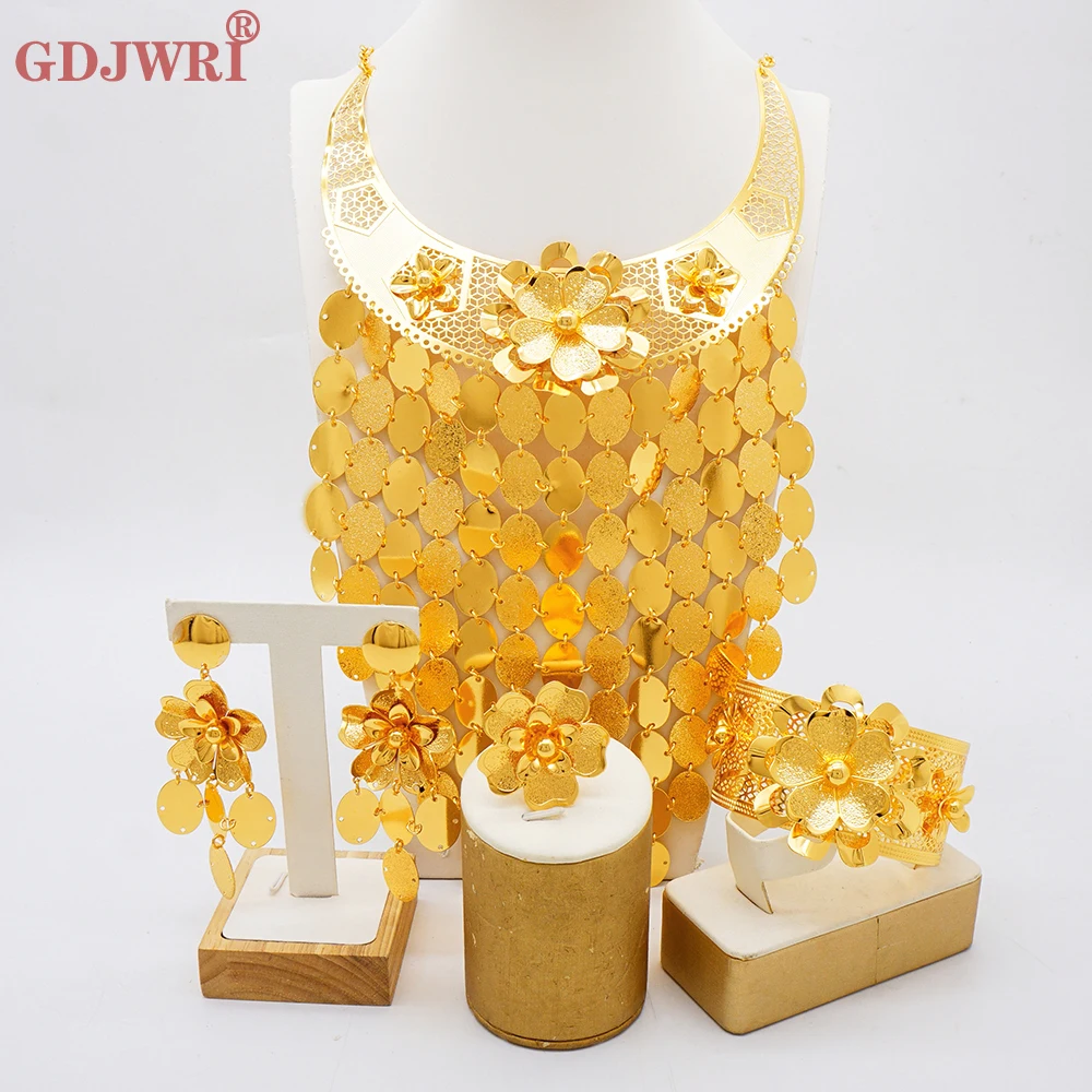 Dubai Gold Plated Long Broad body Necklace Set Saudi Arabia women Luxury Jewelry Set wedding bride accessory Gifts