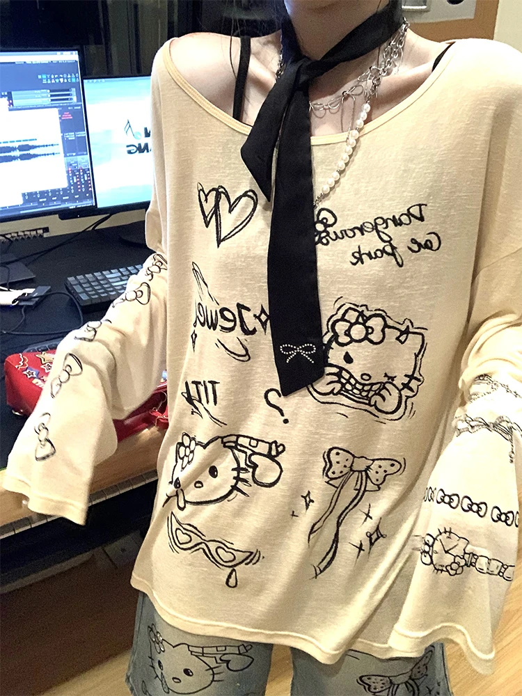 Hotsweet Cartoon Graphic T Shirts Women Clothes Yellow Long Sleeve Japan Style Hello Kitty 2000s Clothes Y2k Kawaii Autumn Tops