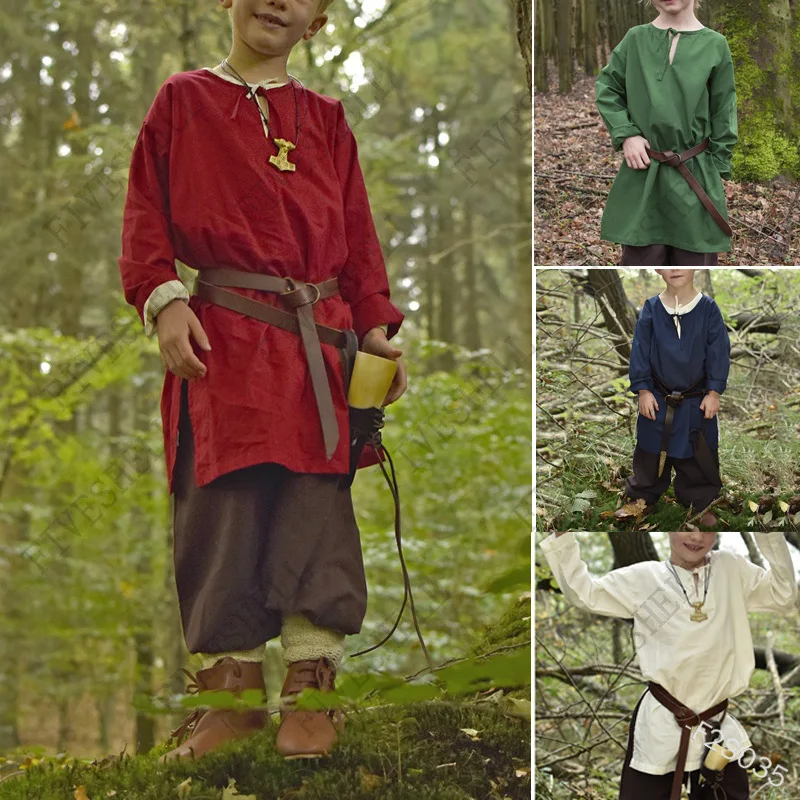 Disfraz de caballero Guerrero Medieval para niños, Túnica de algodón, Tops de pirata Vikingo, Camisa larga, Halloween