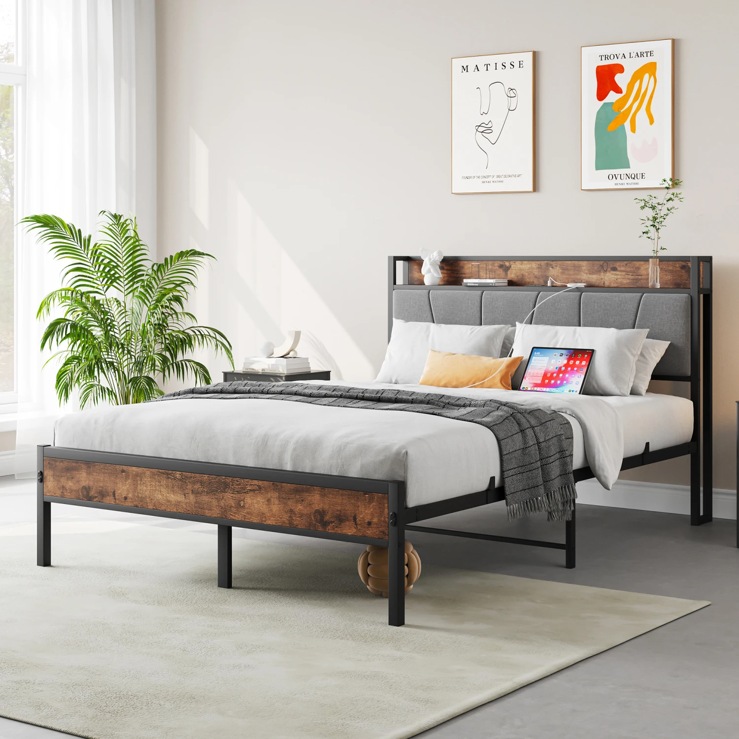 Full Size Bed Frame, Storage Headboard with Charging Station, Solid and Stable, Noise Free, No Box Spring Needed, Easy Assembly,