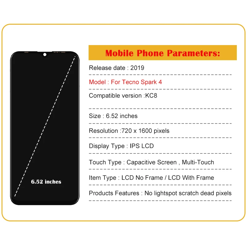 테크노 스파크 4 휴대폰 LCD 스크린 디스플레이 어셈블리 터치 스크린 LCD 패널 교체용